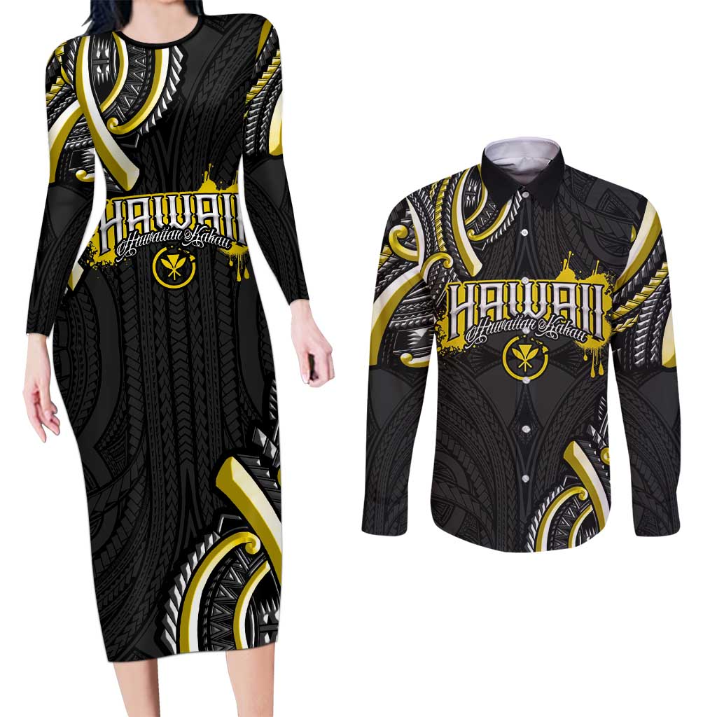 Traditional Art Hawaiian Kakau Tattoos Couples Matching Long Sleeve Bodycon Dress and Long Sleeve Button Shirt Yellow Color LT03 Yellow - Polynesian Pride