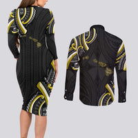 Traditional Art Hawaiian Kakau Tattoos Couples Matching Long Sleeve Bodycon Dress and Long Sleeve Button Shirt Yellow Color LT03 - Polynesian Pride