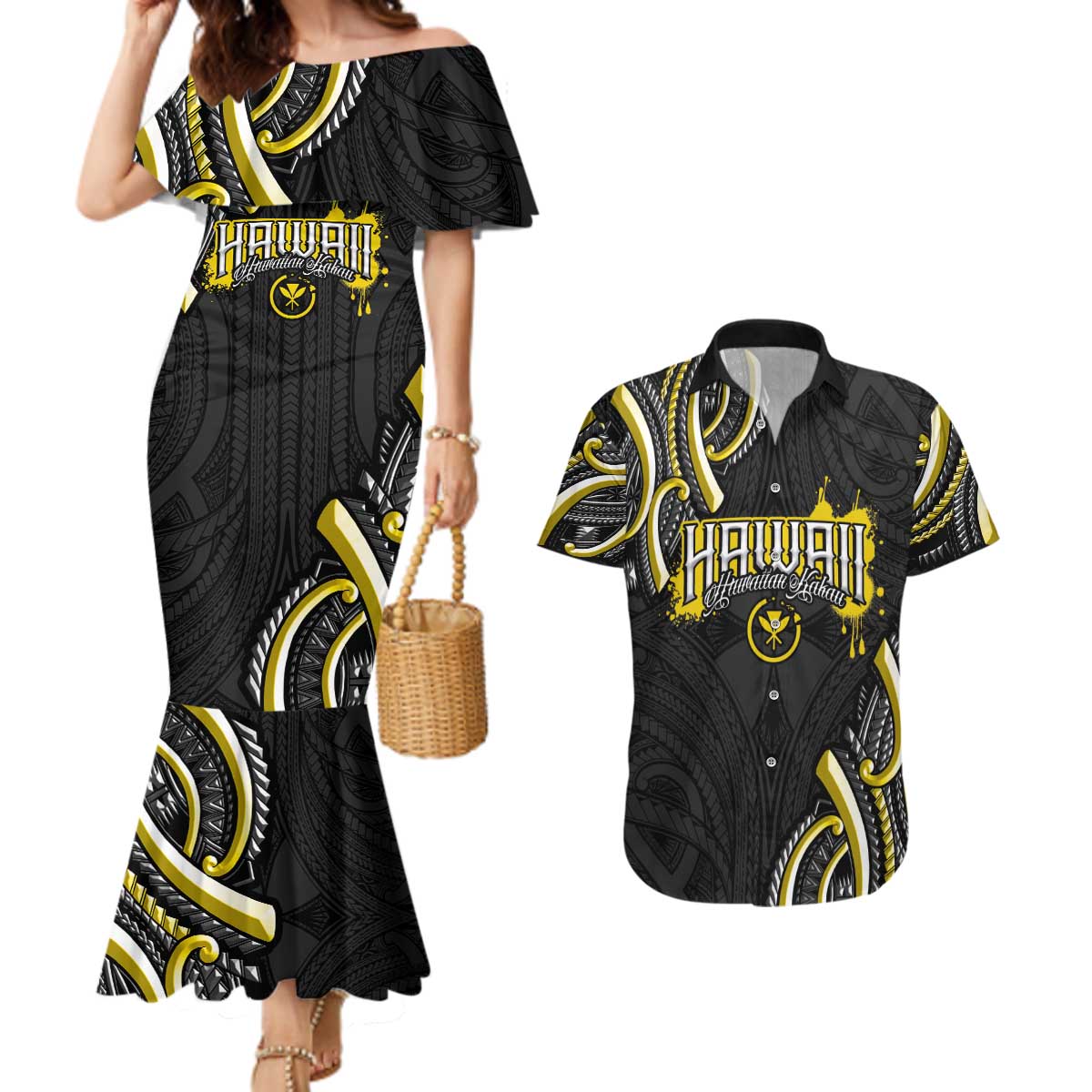 Traditional Art Hawaiian Kakau Tattoos Couples Matching Mermaid Dress and Hawaiian Shirt Yellow Color LT03 Yellow - Polynesian Pride