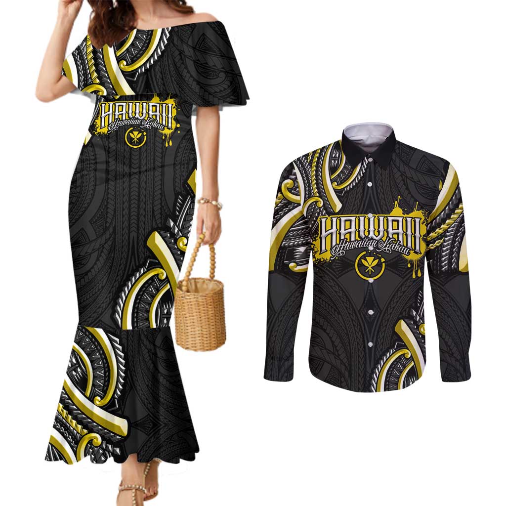 Traditional Art Hawaiian Kakau Tattoos Couples Matching Mermaid Dress and Long Sleeve Button Shirt Yellow Color LT03 Yellow - Polynesian Pride