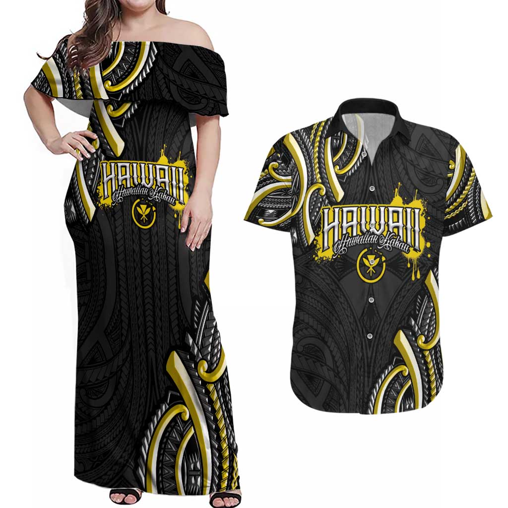Traditional Art Hawaiian Kakau Tattoos Couples Matching Off Shoulder Maxi Dress and Hawaiian Shirt Yellow Color LT03 Yellow - Polynesian Pride
