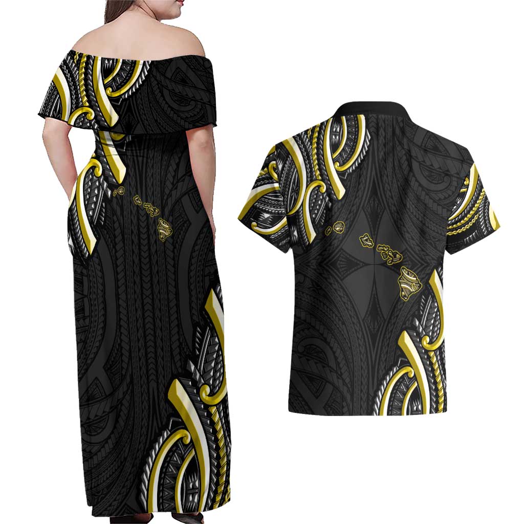 Traditional Art Hawaiian Kakau Tattoos Couples Matching Off Shoulder Maxi Dress and Hawaiian Shirt Yellow Color LT03 - Polynesian Pride
