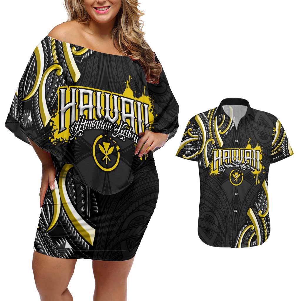 Traditional Art Hawaiian Kakau Tattoos Couples Matching Off Shoulder Short Dress and Hawaiian Shirt Yellow Color LT03 Yellow - Polynesian Pride