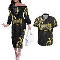 Traditional Art Hawaiian Kakau Tattoos Couples Matching Off The Shoulder Long Sleeve Dress and Hawaiian Shirt Yellow Color LT03 Yellow - Polynesian Pride