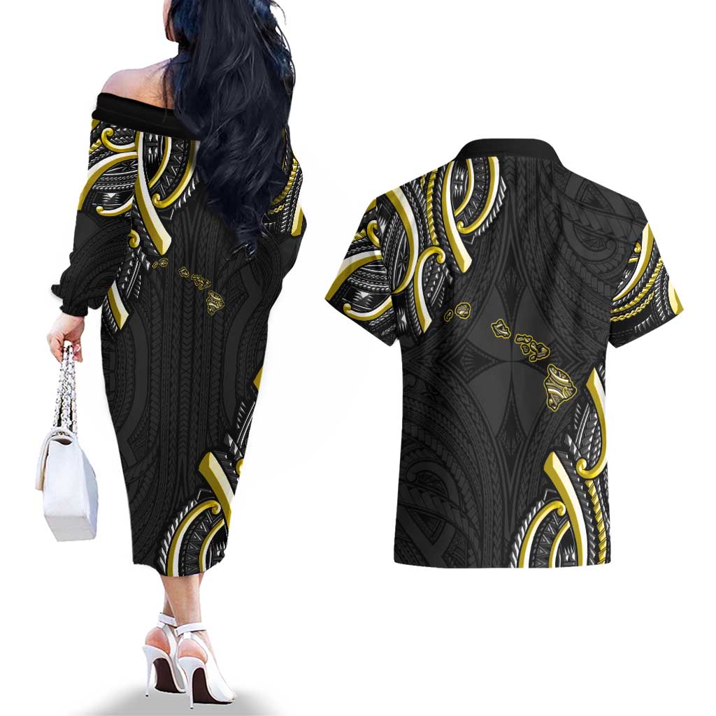 Traditional Art Hawaiian Kakau Tattoos Couples Matching Off The Shoulder Long Sleeve Dress and Hawaiian Shirt Yellow Color LT03 - Polynesian Pride