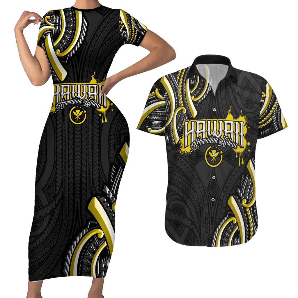 Traditional Art Hawaiian Kakau Tattoos Couples Matching Short Sleeve Bodycon Dress and Hawaiian Shirt Yellow Color LT03 Yellow - Polynesian Pride