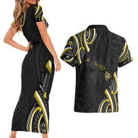 Traditional Art Hawaiian Kakau Tattoos Couples Matching Short Sleeve Bodycon Dress and Hawaiian Shirt Yellow Color LT03 - Polynesian Pride