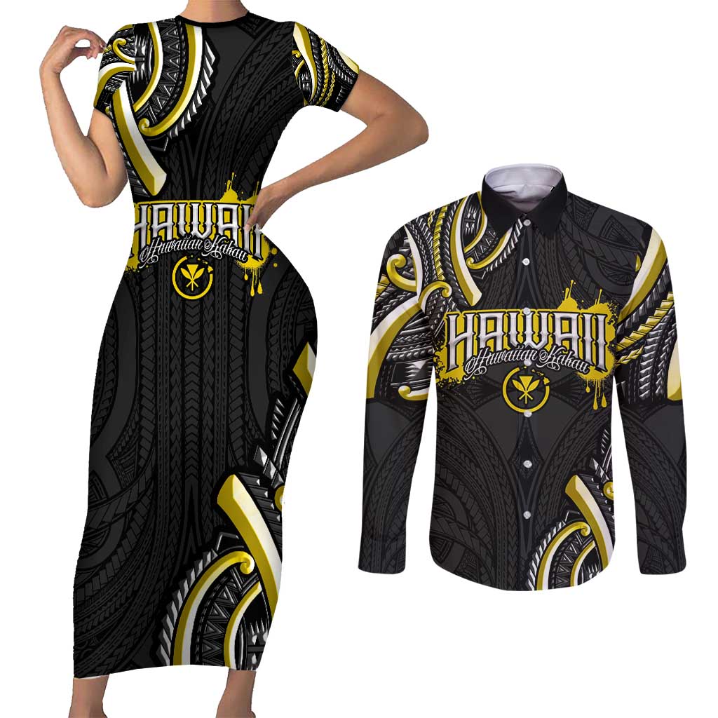 Traditional Art Hawaiian Kakau Tattoos Couples Matching Short Sleeve Bodycon Dress and Long Sleeve Button Shirt Yellow Color LT03 Yellow - Polynesian Pride