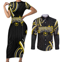 Traditional Art Hawaiian Kakau Tattoos Couples Matching Short Sleeve Bodycon Dress and Long Sleeve Button Shirt Yellow Color LT03 Yellow - Polynesian Pride