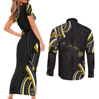 Traditional Art Hawaiian Kakau Tattoos Couples Matching Short Sleeve Bodycon Dress and Long Sleeve Button Shirt Yellow Color LT03 - Polynesian Pride