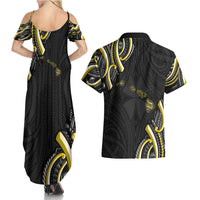 Traditional Art Hawaiian Kakau Tattoos Couples Matching Summer Maxi Dress and Hawaiian Shirt Yellow Color LT03 - Polynesian Pride