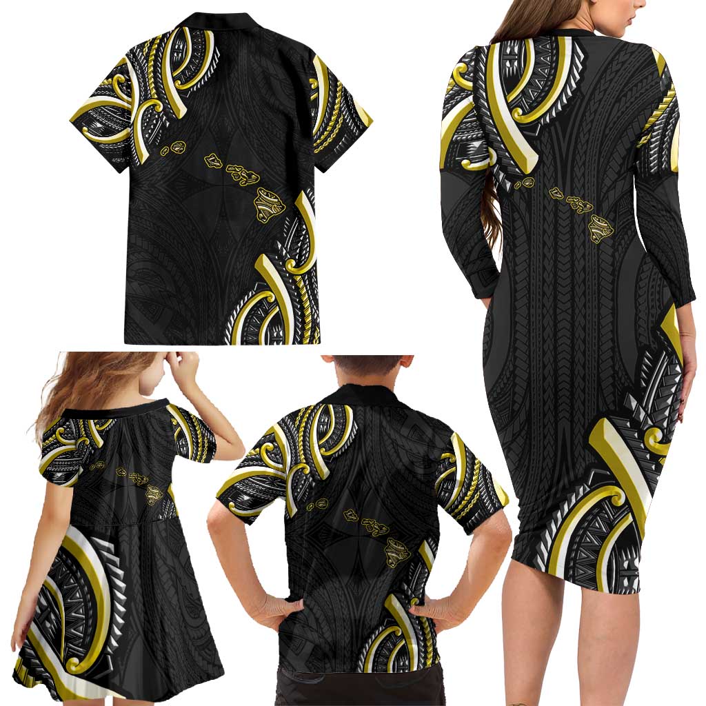 Traditional Art Hawaiian Kakau Tattoos Family Matching Long Sleeve Bodycon Dress and Hawaiian Shirt Yellow Color LT03 - Polynesian Pride