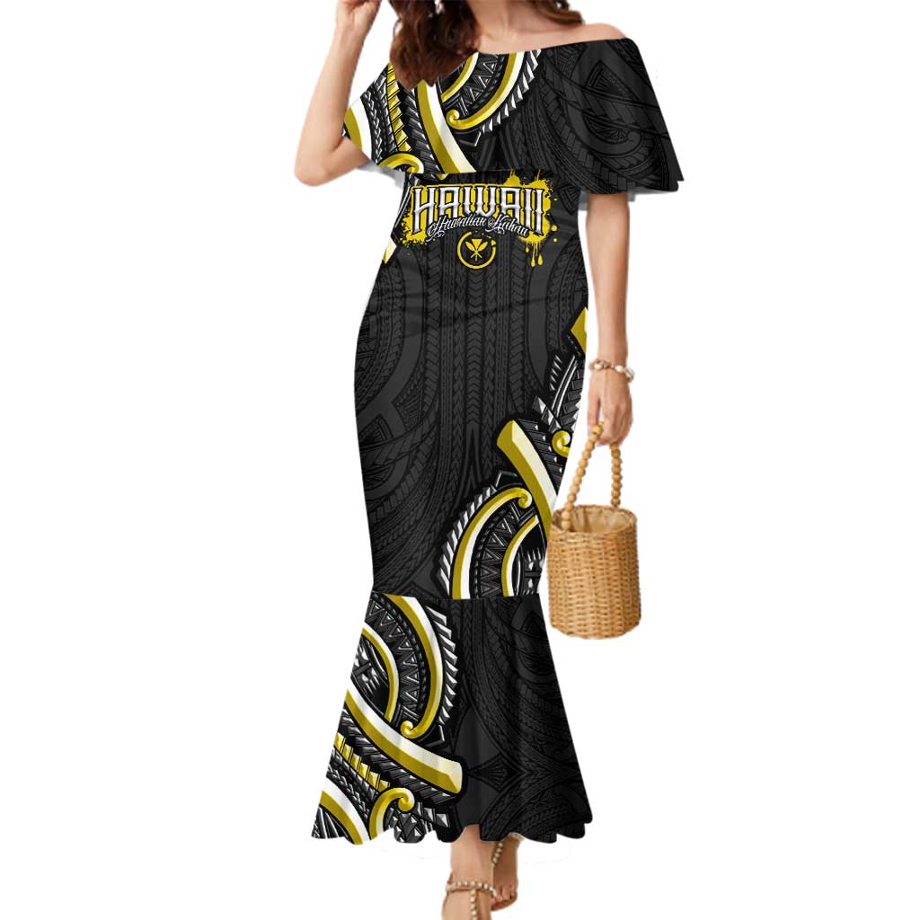Traditional Art Hawaiian Kakau Tattoos Family Matching Mermaid Dress and Hawaiian Shirt Yellow Color LT03 Mom's Dress Yellow - Polynesian Pride