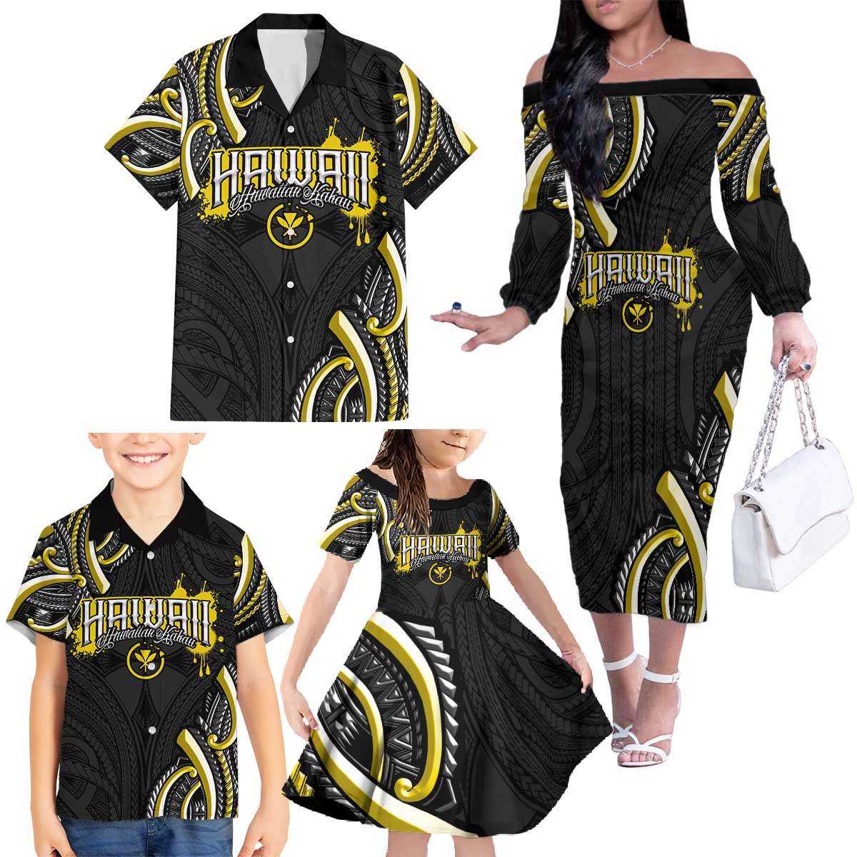 Traditional Art Hawaiian Kakau Tattoos Family Matching Off The Shoulder Long Sleeve Dress and Hawaiian Shirt Yellow Color LT03 - Polynesian Pride