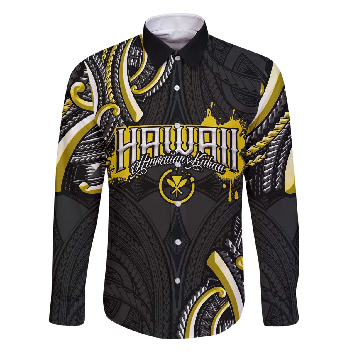 Traditional Art Hawaiian Kakau Tattoos Family Matching Off The Shoulder Long Sleeve Dress and Hawaiian Shirt Yellow Color LT03 Dad's Shirt - Long Sleeve Yellow - Polynesian Pride