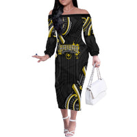 Traditional Art Hawaiian Kakau Tattoos Family Matching Off The Shoulder Long Sleeve Dress and Hawaiian Shirt Yellow Color LT03 Mom's Dress Yellow - Polynesian Pride
