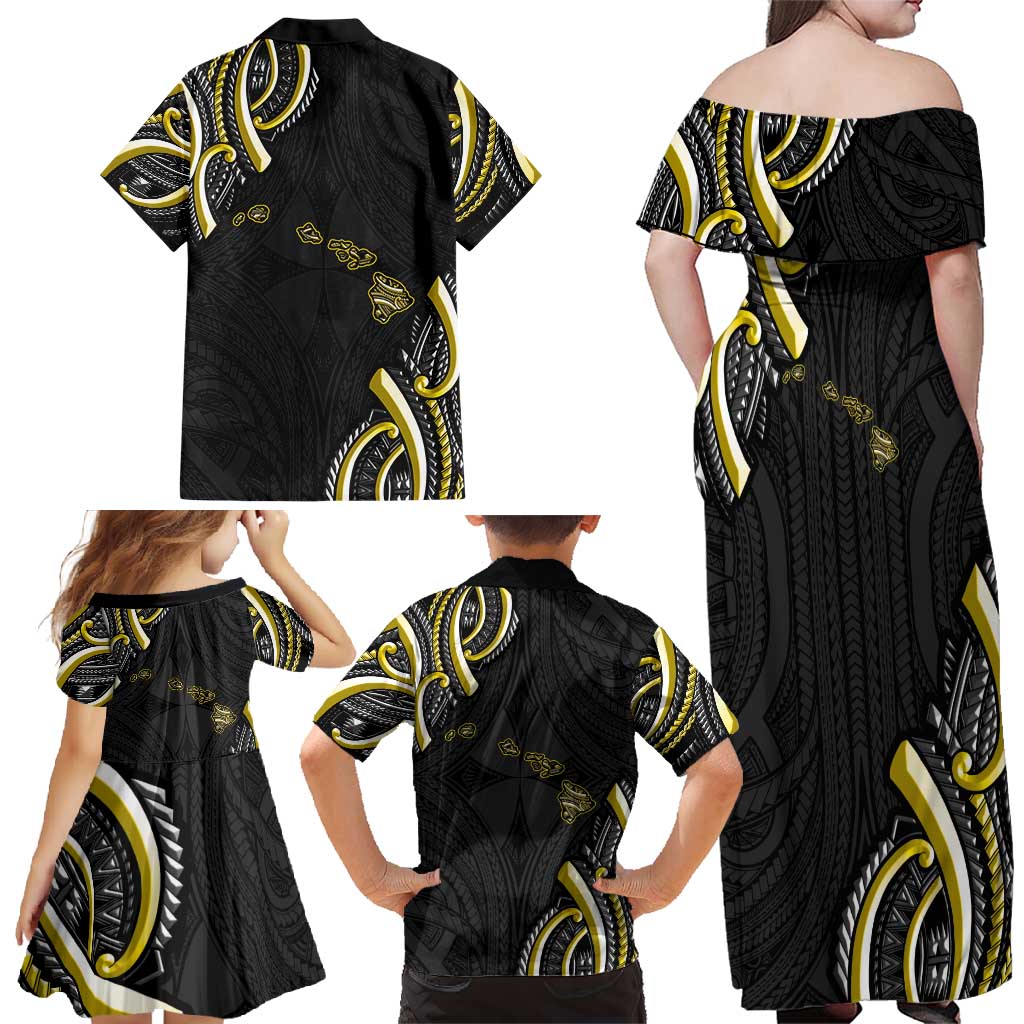 Traditional Art Hawaiian Kakau Tattoos Family Matching Off Shoulder Maxi Dress and Hawaiian Shirt Yellow Color LT03 - Polynesian Pride