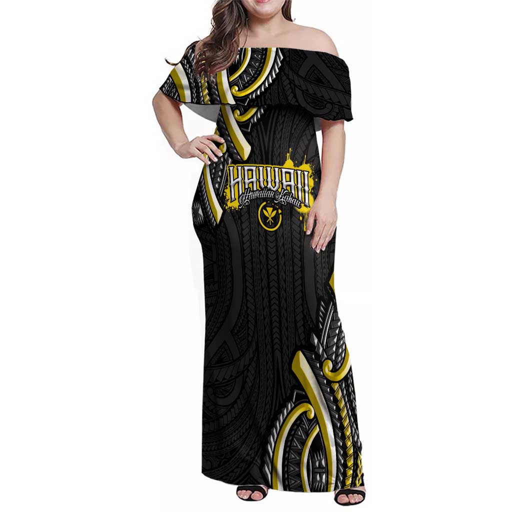 Traditional Art Hawaiian Kakau Tattoos Family Matching Off Shoulder Maxi Dress and Hawaiian Shirt Yellow Color LT03 Mom's Dress Yellow - Polynesian Pride
