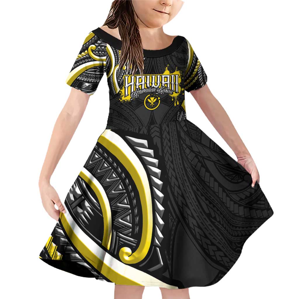 Traditional Art Hawaiian Kakau Tattoos Family Matching Off Shoulder Short Dress and Hawaiian Shirt Yellow Color LT03 Daughter's Dress Yellow - Polynesian Pride