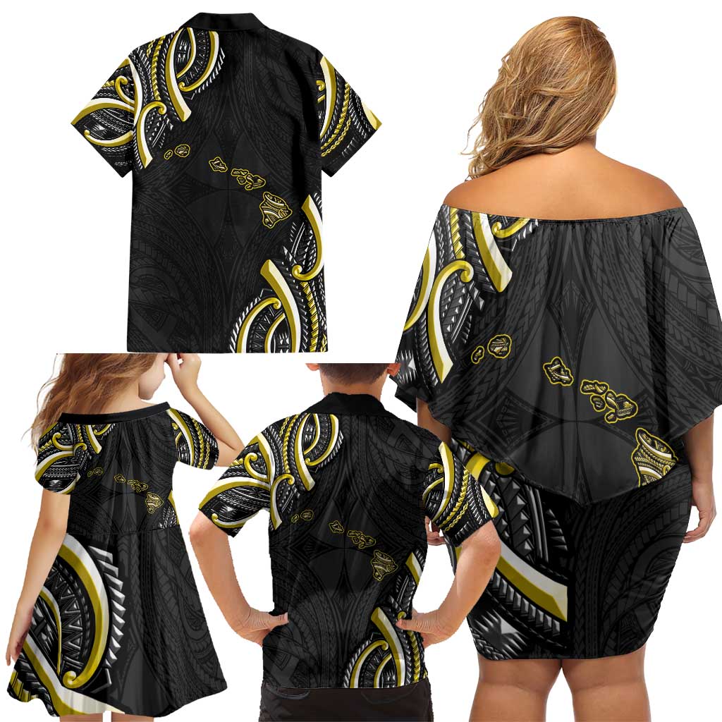 Traditional Art Hawaiian Kakau Tattoos Family Matching Off Shoulder Short Dress and Hawaiian Shirt Yellow Color LT03 - Polynesian Pride