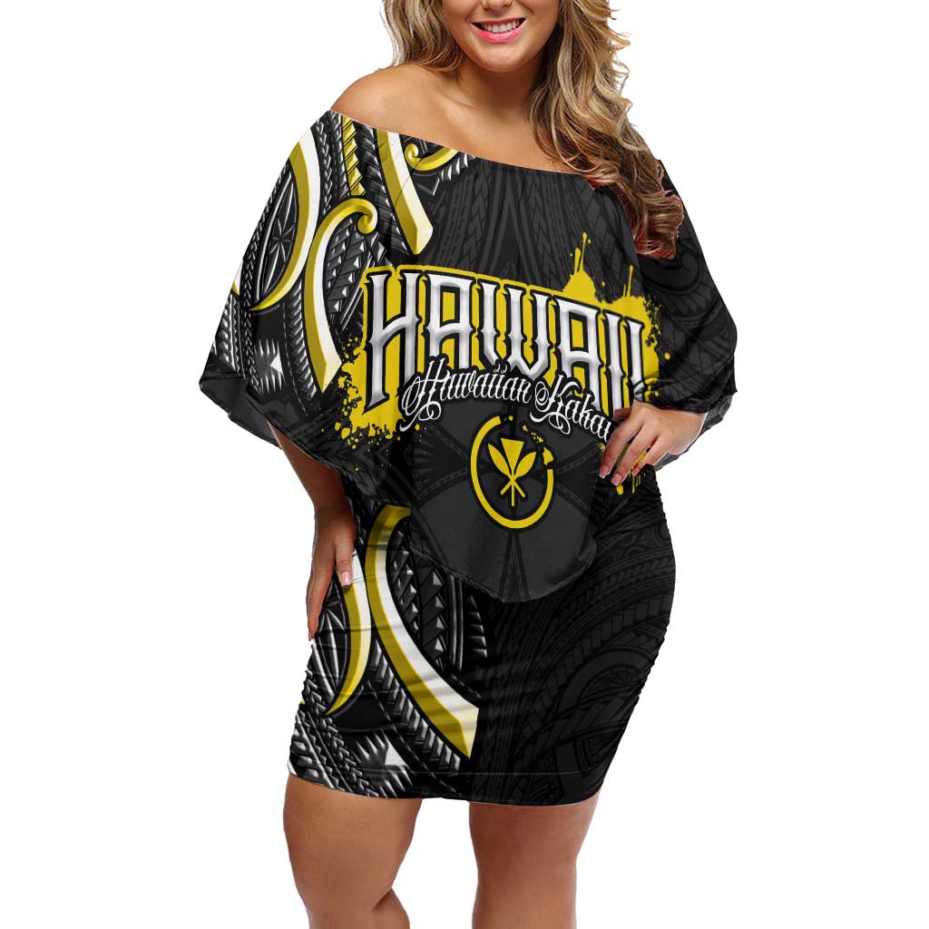 Traditional Art Hawaiian Kakau Tattoos Family Matching Off Shoulder Short Dress and Hawaiian Shirt Yellow Color LT03 Mom's Dress Yellow - Polynesian Pride