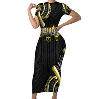 Traditional Art Hawaiian Kakau Tattoos Family Matching Short Sleeve Bodycon Dress and Hawaiian Shirt Yellow Color LT03 Mom's Dress Yellow - Polynesian Pride