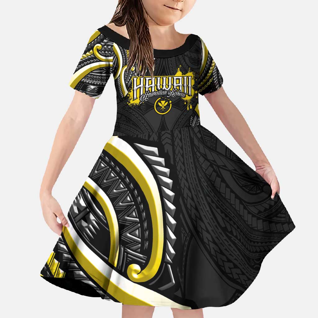 Traditional Art Hawaiian Kakau Tattoos Family Matching Summer Maxi Dress and Hawaiian Shirt Yellow Color LT03 Daughter's Dress Yellow - Polynesian Pride