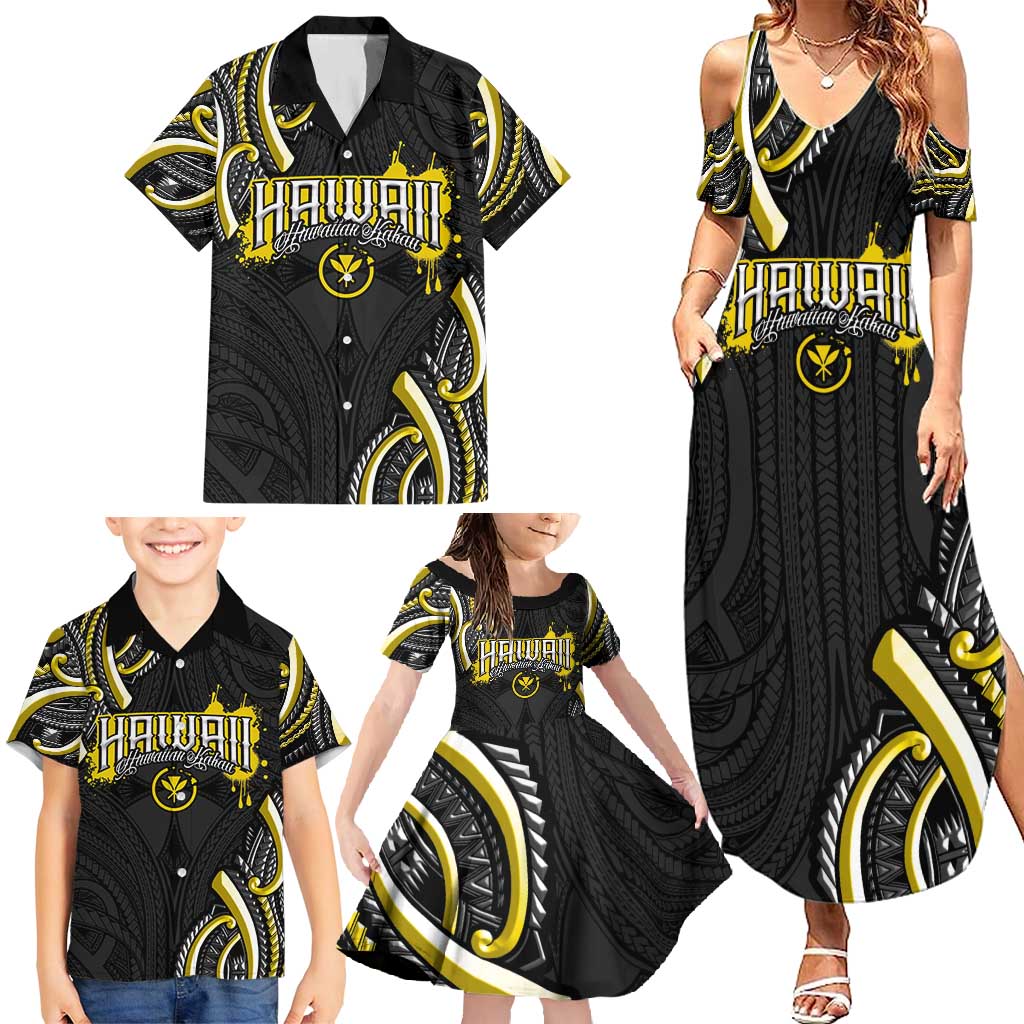 Traditional Art Hawaiian Kakau Tattoos Family Matching Summer Maxi Dress and Hawaiian Shirt Yellow Color LT03 - Polynesian Pride