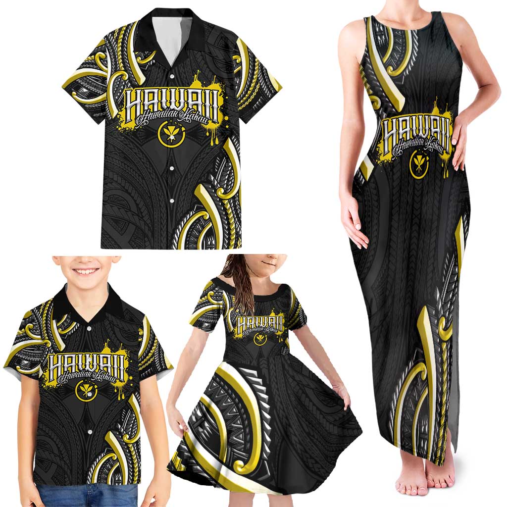 Traditional Art Hawaiian Kakau Tattoos Family Matching Tank Maxi Dress and Hawaiian Shirt Yellow Color LT03 - Polynesian Pride