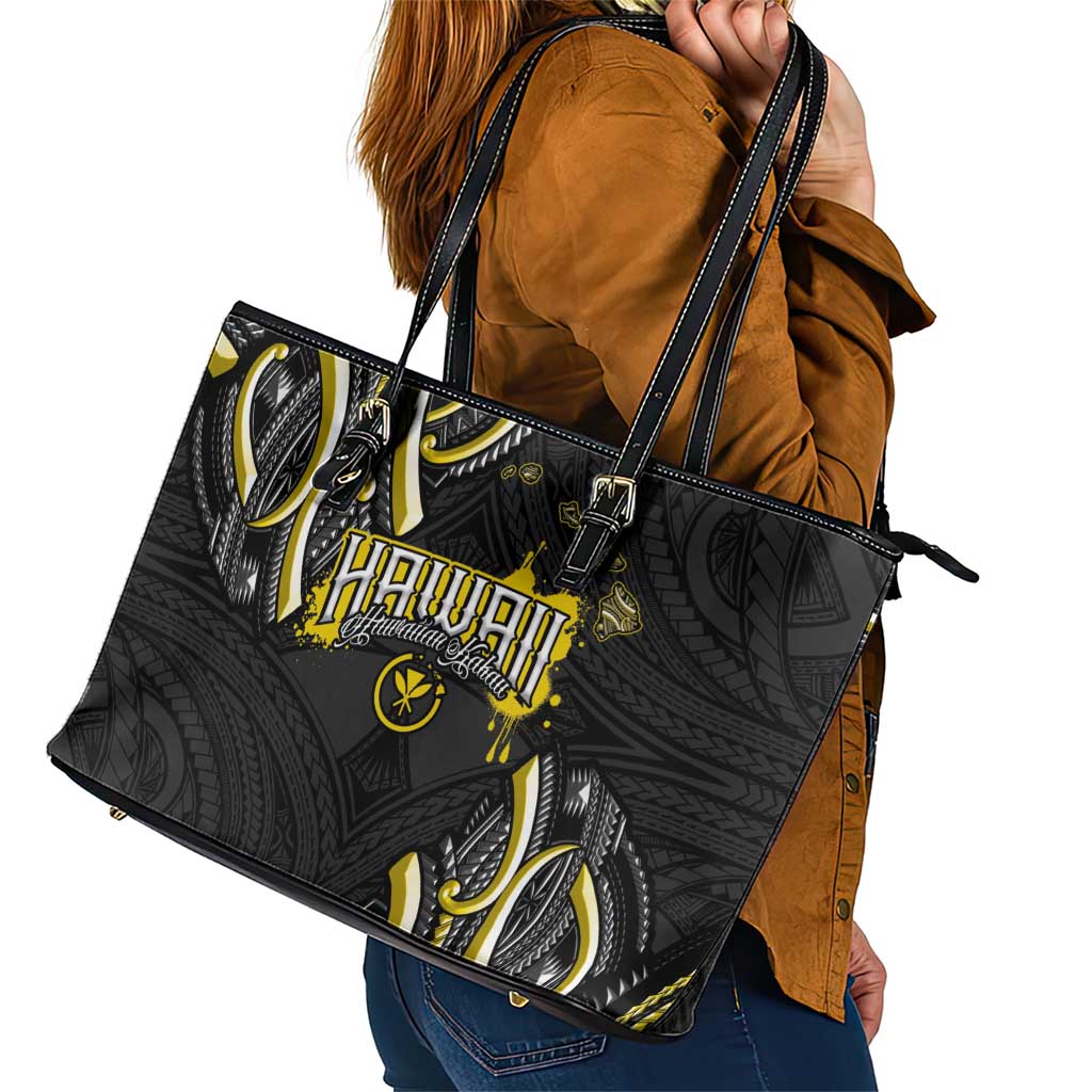 Traditional Art Hawaiian Kakau Tattoos Leather Tote Bag Yellow Color - Polynesian Pride