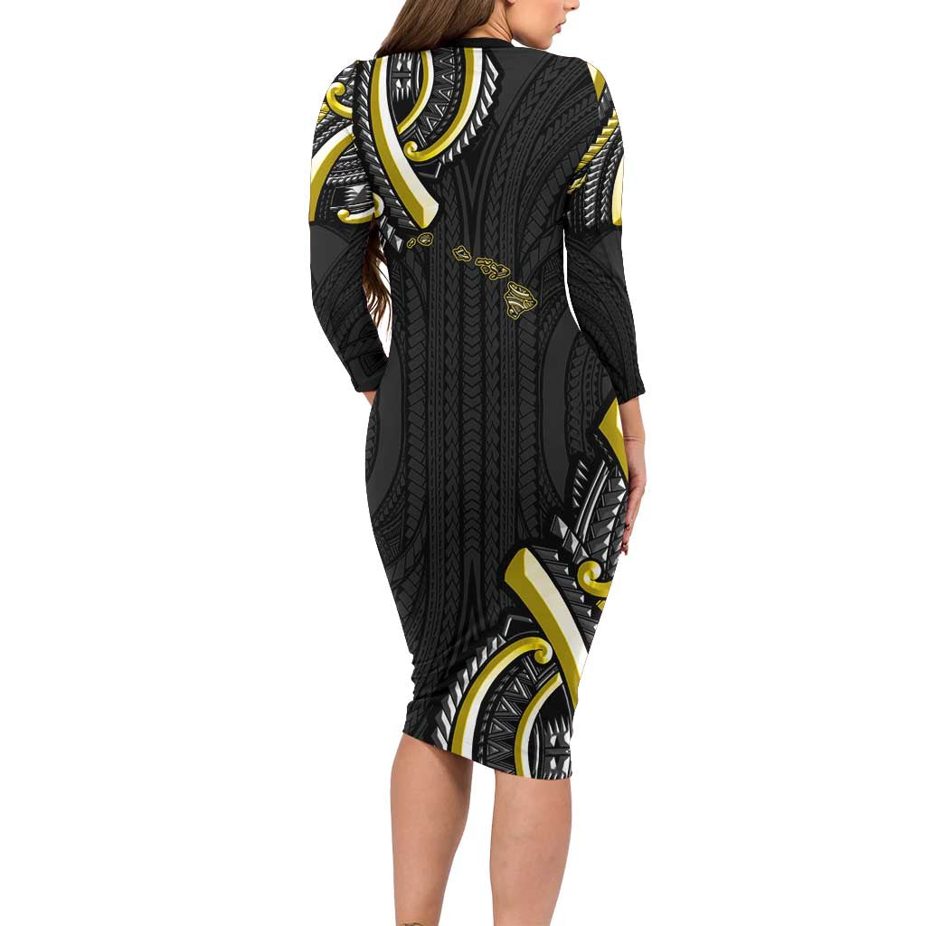 Traditional Art Hawaiian Kakau Tattoos Long Sleeve Bodycon Dress Yellow Color - Polynesian Pride
