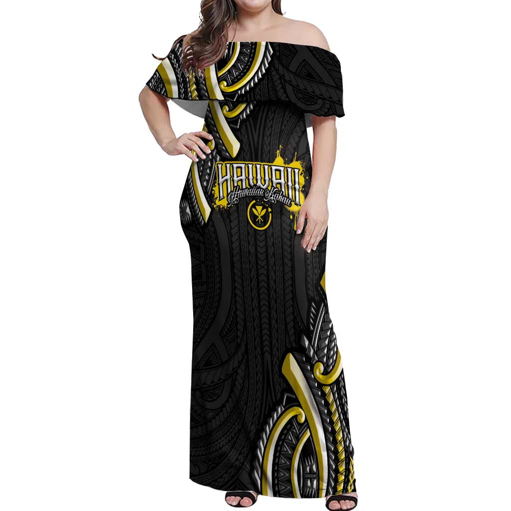 Traditional Art Hawaiian Kakau Tattoos Off Shoulder Maxi Dress Yellow Color - Polynesian Pride