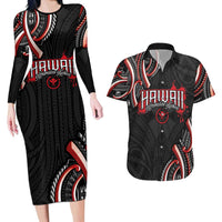 Traditional Art Hawaiian Kakau Tattoos Couples Matching Long Sleeve Bodycon Dress and Hawaiian Shirt Red Color LT03 Red - Polynesian Pride