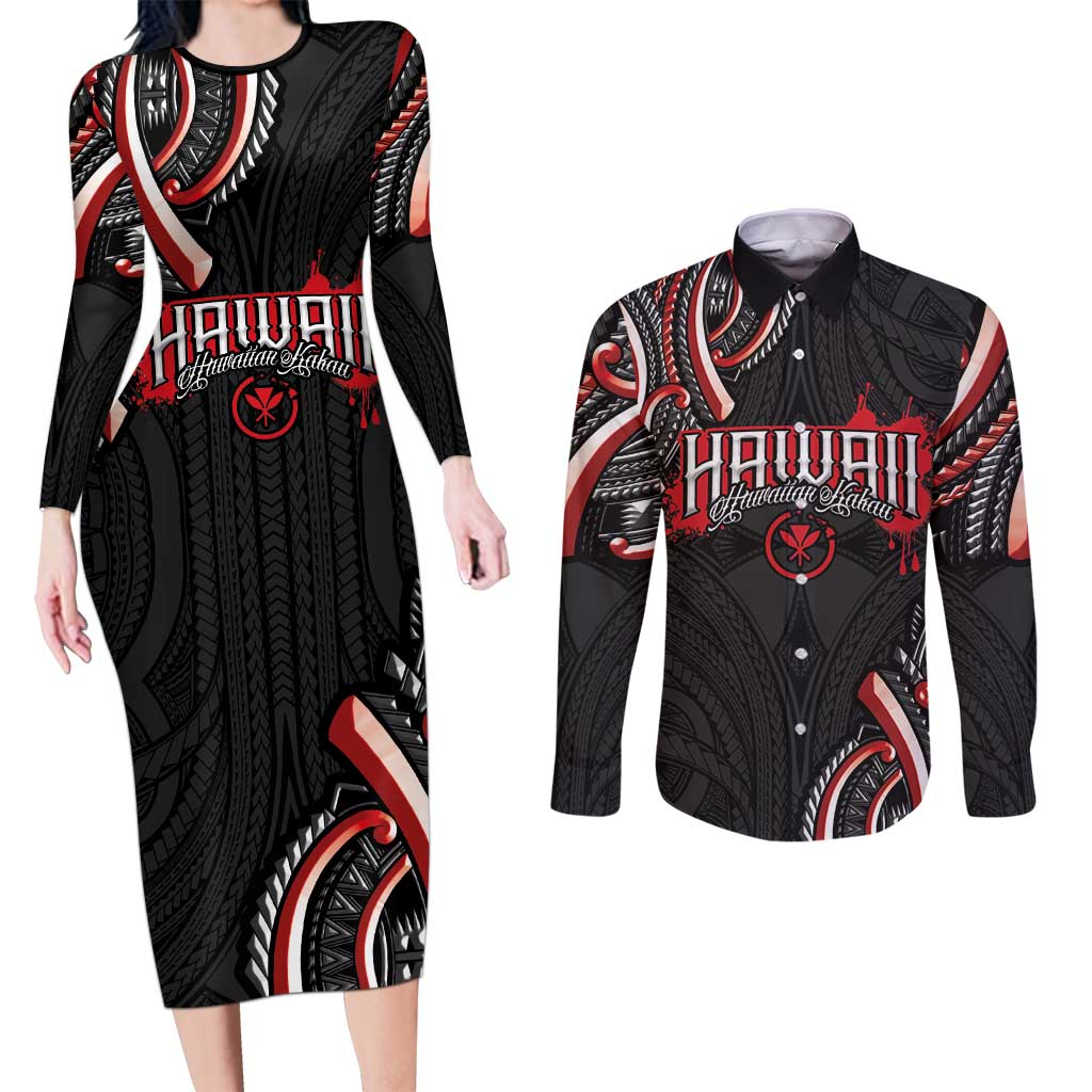Traditional Art Hawaiian Kakau Tattoos Couples Matching Long Sleeve Bodycon Dress and Long Sleeve Button Shirt Red Color LT03 Red - Polynesian Pride