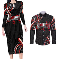 Traditional Art Hawaiian Kakau Tattoos Couples Matching Long Sleeve Bodycon Dress and Long Sleeve Button Shirt Red Color LT03 Red - Polynesian Pride