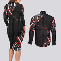 Traditional Art Hawaiian Kakau Tattoos Couples Matching Long Sleeve Bodycon Dress and Long Sleeve Button Shirt Red Color LT03 - Polynesian Pride