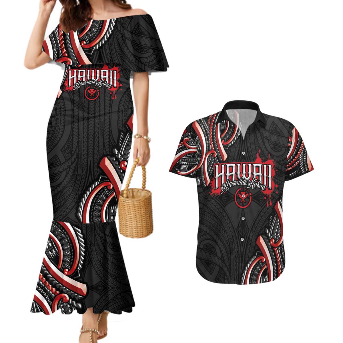 Traditional Art Hawaiian Kakau Tattoos Couples Matching Mermaid Dress and Hawaiian Shirt Red Color - Polynesian Pride