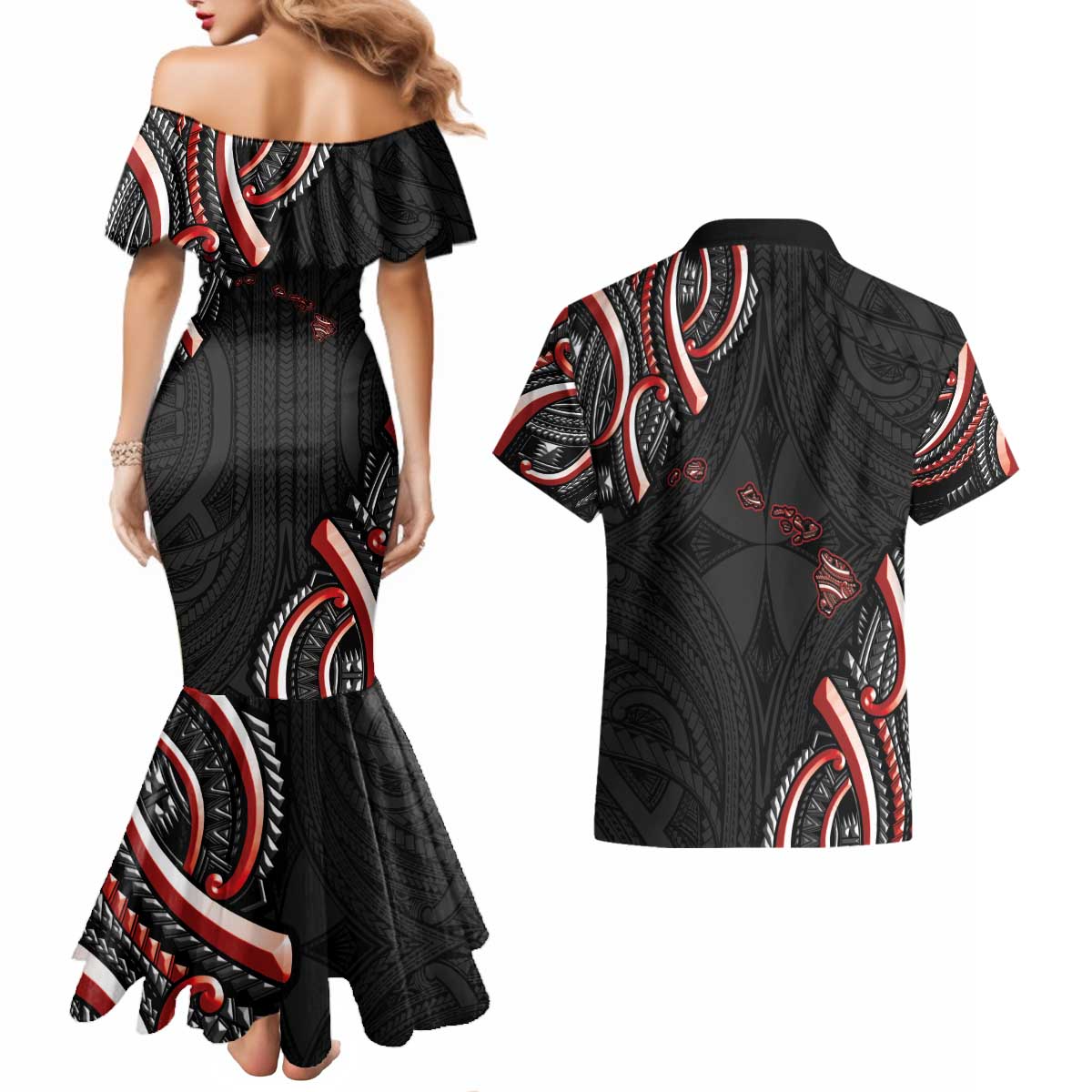 Traditional Art Hawaiian Kakau Tattoos Couples Matching Mermaid Dress and Hawaiian Shirt Red Color LT03 - Polynesian Pride