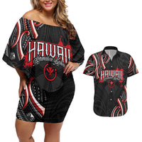 Traditional Art Hawaiian Kakau Tattoos Couples Matching Off Shoulder Short Dress and Hawaiian Shirt Red Color LT03 Red - Polynesian Pride
