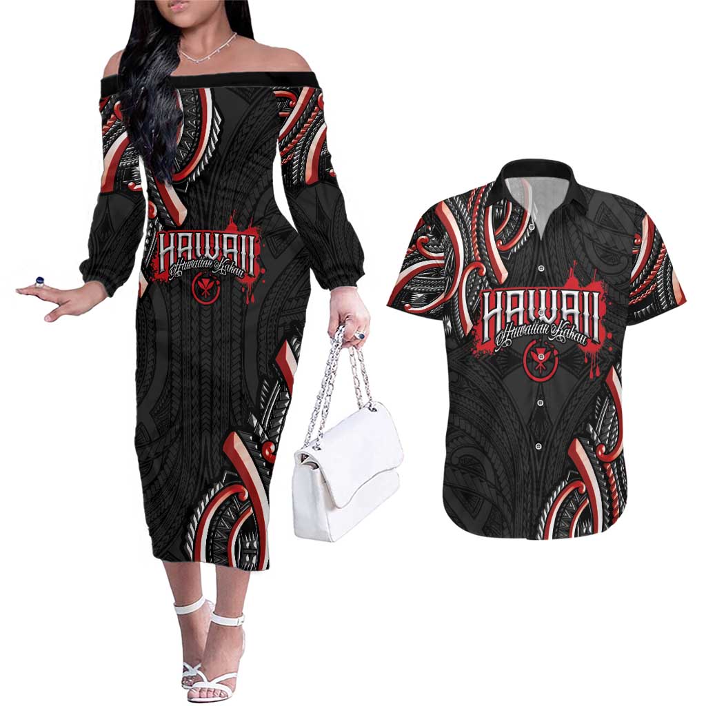 Traditional Art Hawaiian Kakau Tattoos Couples Matching Off The Shoulder Long Sleeve Dress and Hawaiian Shirt Red Color LT03 Red - Polynesian Pride