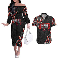 Traditional Art Hawaiian Kakau Tattoos Couples Matching Off The Shoulder Long Sleeve Dress and Hawaiian Shirt Red Color LT03 Red - Polynesian Pride