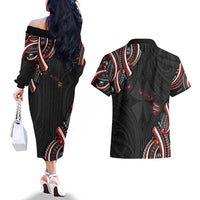Traditional Art Hawaiian Kakau Tattoos Couples Matching Off The Shoulder Long Sleeve Dress and Hawaiian Shirt Red Color LT03 - Polynesian Pride