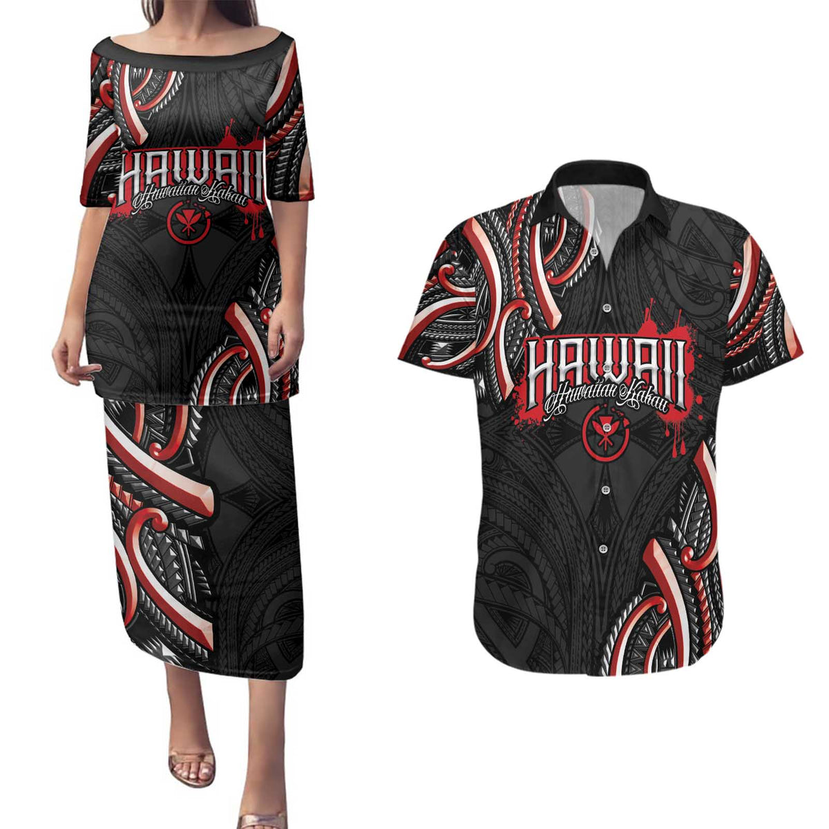 Traditional Art Hawaiian Kakau Tattoos Couples Matching Puletasi and Hawaiian Shirt Red Color LT03 Red - Polynesian Pride