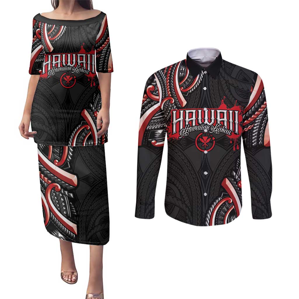 Traditional Art Hawaiian Kakau Tattoos Couples Matching Puletasi and Long Sleeve Button Shirt Red Color - Polynesian Pride