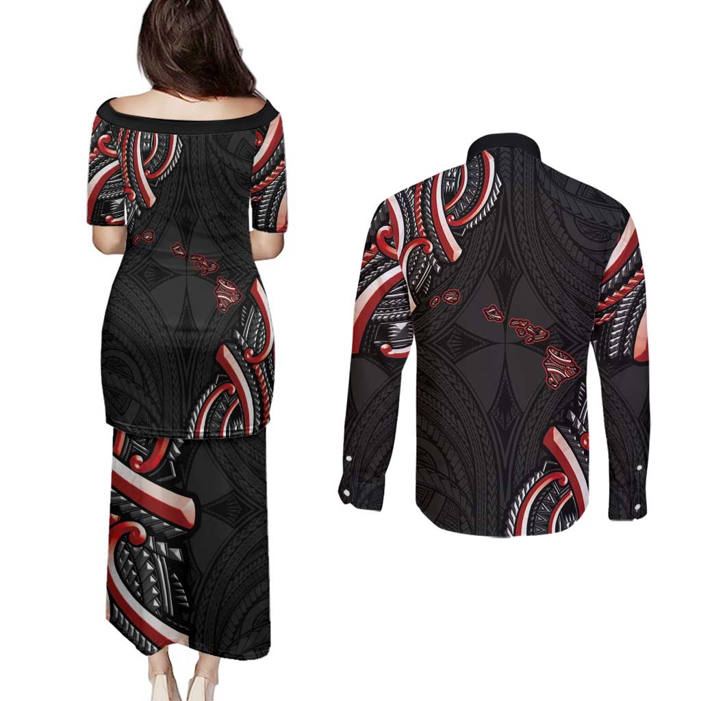 Traditional Art Hawaiian Kakau Tattoos Couples Matching Puletasi and Long Sleeve Button Shirt Red Color - Polynesian Pride