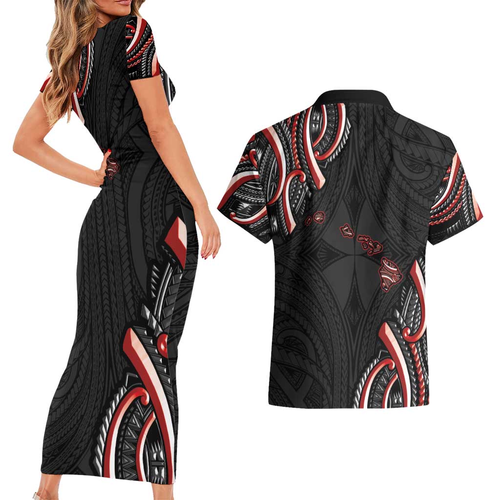 Traditional Art Hawaiian Kakau Tattoos Couples Matching Short Sleeve Bodycon Dress and Hawaiian Shirt Red Color LT03 - Polynesian Pride