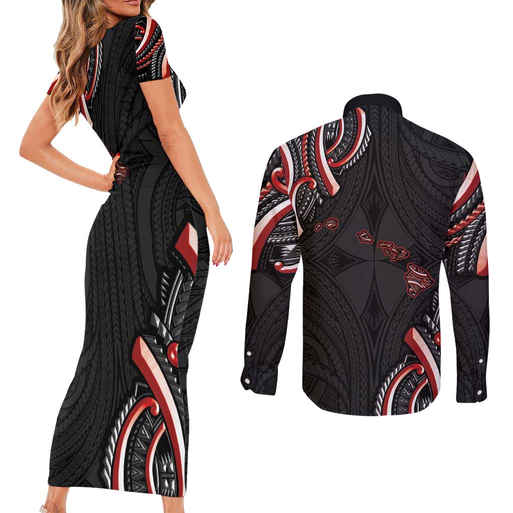 Traditional Art Hawaiian Kakau Tattoos Couples Matching Short Sleeve Bodycon Dress and Long Sleeve Button Shirt Red Color LT03 - Polynesian Pride