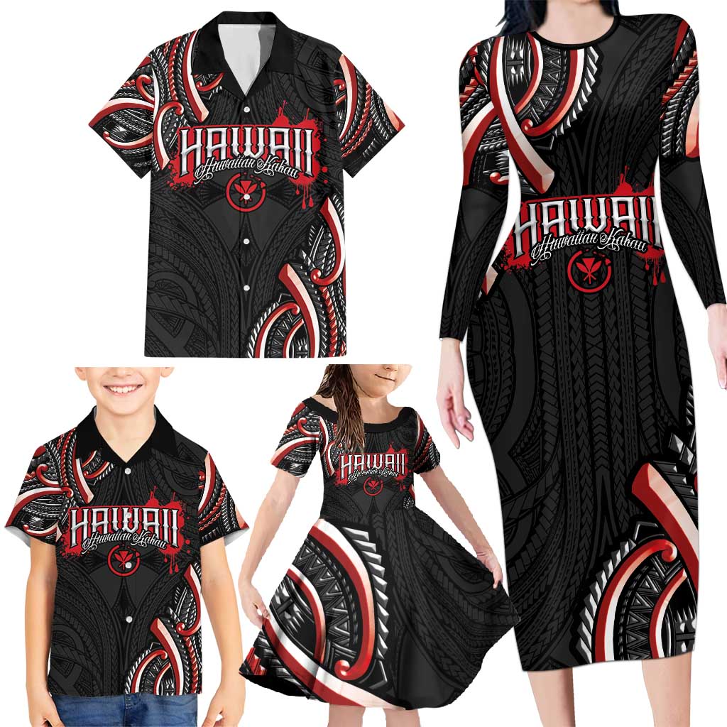 Traditional Art Hawaiian Kakau Tattoos Family Matching Long Sleeve Bodycon Dress and Hawaiian Shirt Red Color - Polynesian Pride