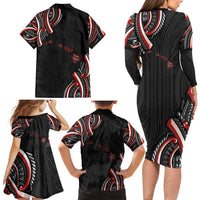 Traditional Art Hawaiian Kakau Tattoos Family Matching Long Sleeve Bodycon Dress and Hawaiian Shirt Red Color LT03 - Polynesian Pride