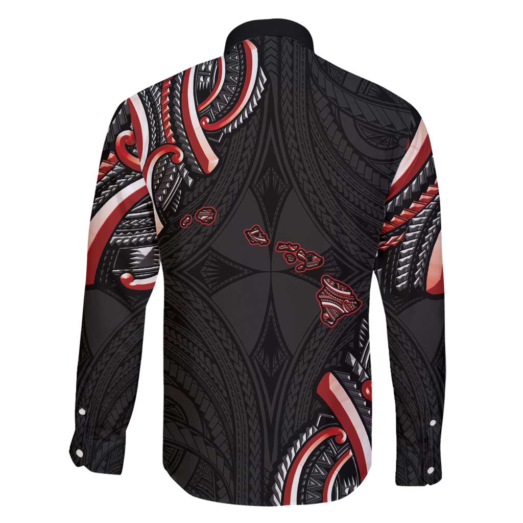 Traditional Art Hawaiian Kakau Tattoos Family Matching Long Sleeve Bodycon Dress and Hawaiian Shirt Red Color LT03 - Polynesian Pride